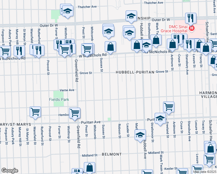 map of restaurants, bars, coffee shops, grocery stores, and more near 16583 Coyle Street in Detroit