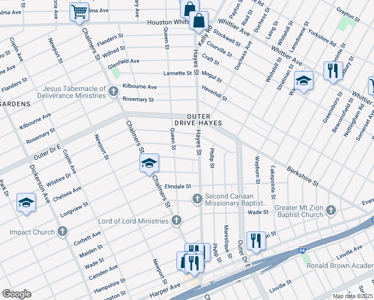 map of restaurants, bars, coffee shops, grocery stores, and more near 14954 Wilshire Drive in Detroit