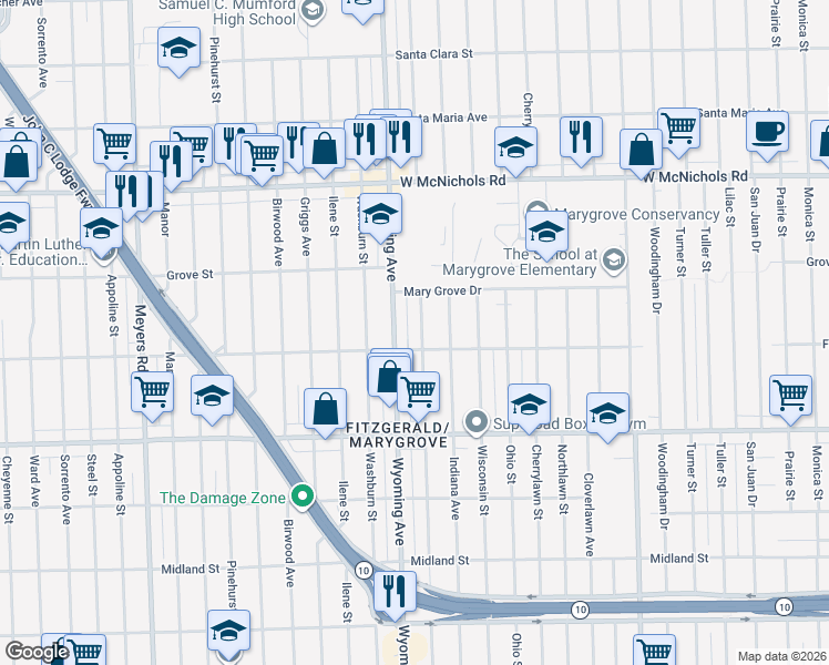 map of restaurants, bars, coffee shops, grocery stores, and more near 16520 Wyoming Avenue in Detroit