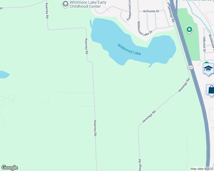 map of restaurants, bars, coffee shops, grocery stores, and more near 8830 Kearney Road in Whitmore Lake