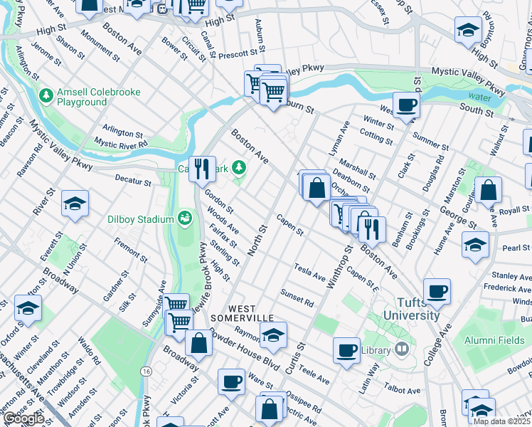 map of restaurants, bars, coffee shops, grocery stores, and more near 113 North Street in Medford