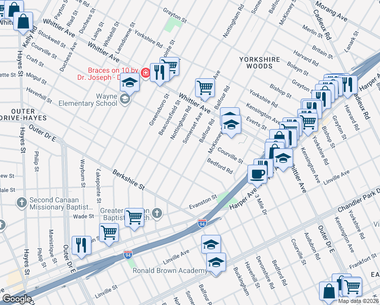 map of restaurants, bars, coffee shops, grocery stores, and more near 9908 Balfour Road in Detroit