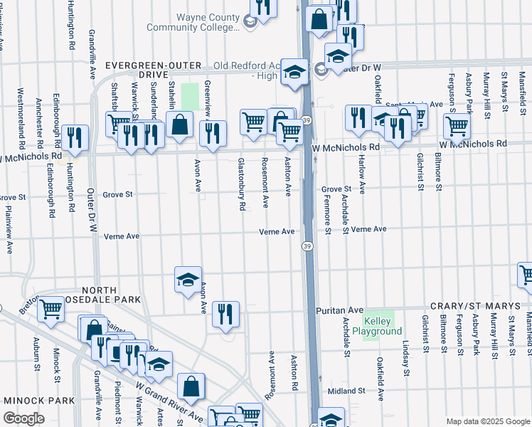 map of restaurants, bars, coffee shops, grocery stores, and more near 16723 Rosemont Avenue in Detroit