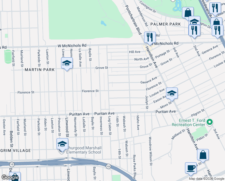 map of restaurants, bars, coffee shops, grocery stores, and more near 2017 Florence Street in Highland Park