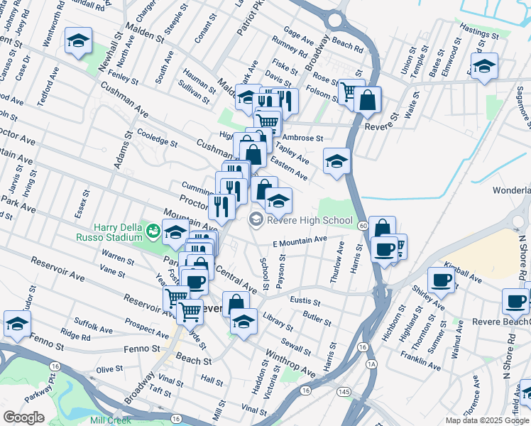 map of restaurants, bars, coffee shops, grocery stores, and more near 23 Belgrade Street in Revere