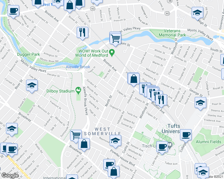 map of restaurants, bars, coffee shops, grocery stores, and more near 113 North Street in Medford