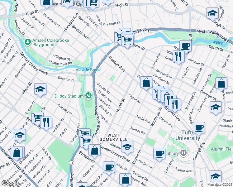 map of restaurants, bars, coffee shops, grocery stores, and more near 29 Gordon Street in Somerville