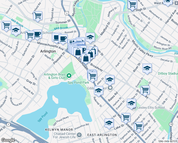 map of restaurants, bars, coffee shops, grocery stores, and more near 382 Massachusetts Avenue in Arlington