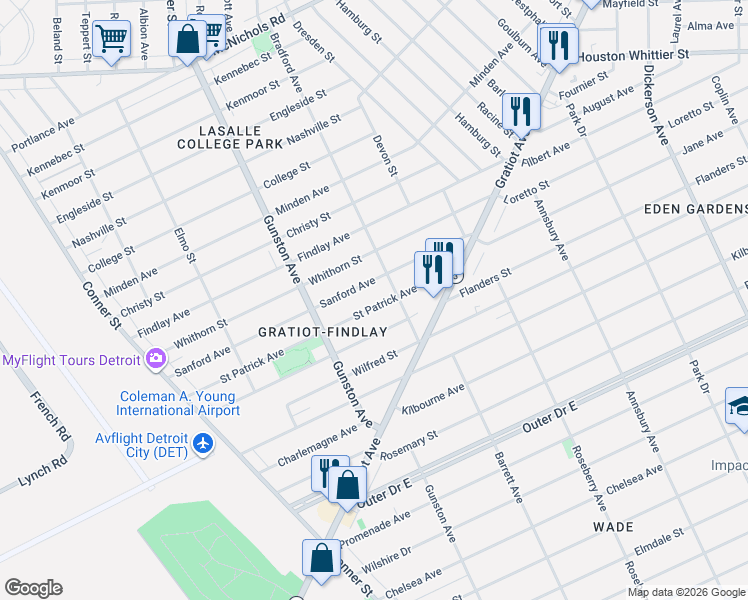 map of restaurants, bars, coffee shops, grocery stores, and more near 11848 Saint Patrick Avenue in Detroit