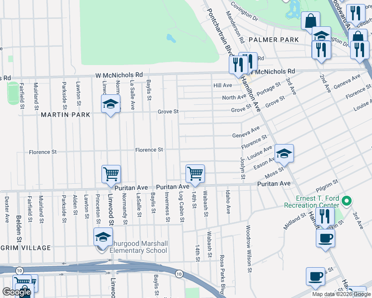 map of restaurants, bars, coffee shops, grocery stores, and more near 2017 Florence Street in Highland Park