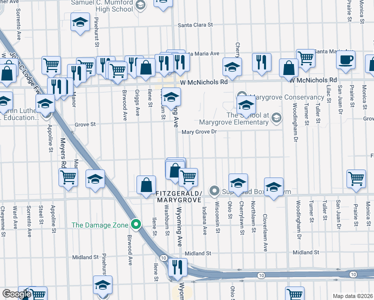 map of restaurants, bars, coffee shops, grocery stores, and more near 16520 Wyoming Avenue in Detroit