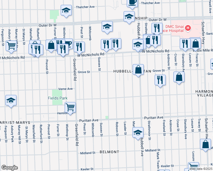 map of restaurants, bars, coffee shops, grocery stores, and more near 16583 Coyle Street in Detroit