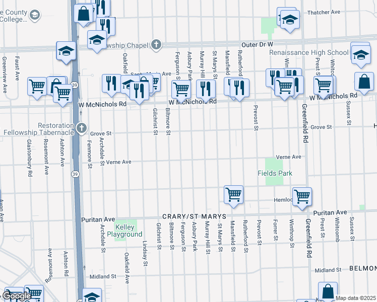 map of restaurants, bars, coffee shops, grocery stores, and more near 16712 Ferguson Street in Detroit