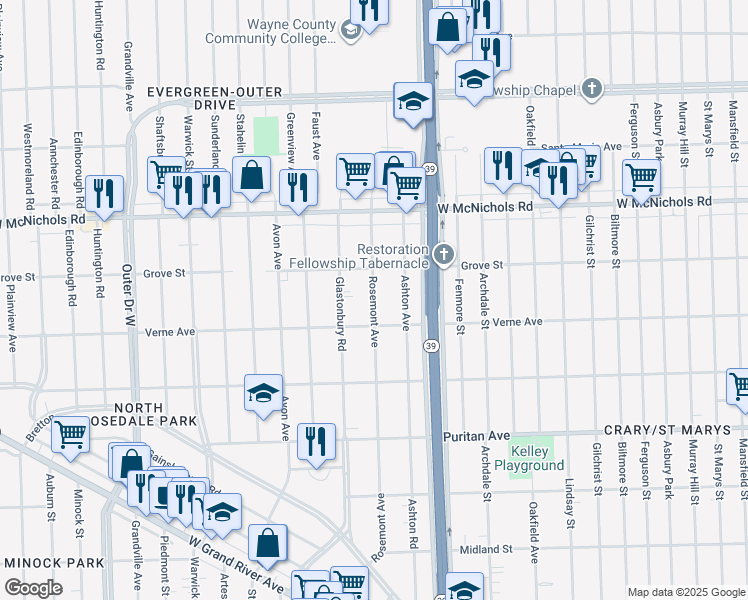 map of restaurants, bars, coffee shops, grocery stores, and more near 16723 Rosemont Avenue in Detroit