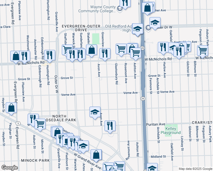 map of restaurants, bars, coffee shops, grocery stores, and more near 16729 Greenview Avenue in Detroit