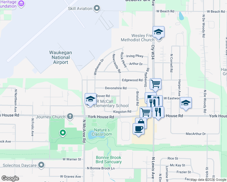 map of restaurants, bars, coffee shops, grocery stores, and more near 2120 Dover Road in Waukegan
