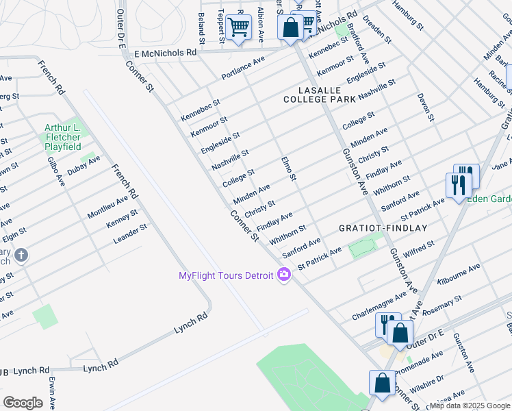 map of restaurants, bars, coffee shops, grocery stores, and more near 11061 Christy Street in Detroit