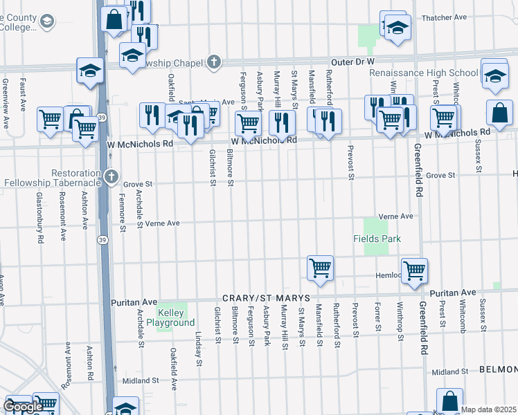 map of restaurants, bars, coffee shops, grocery stores, and more near 16712 Ferguson Street in Detroit