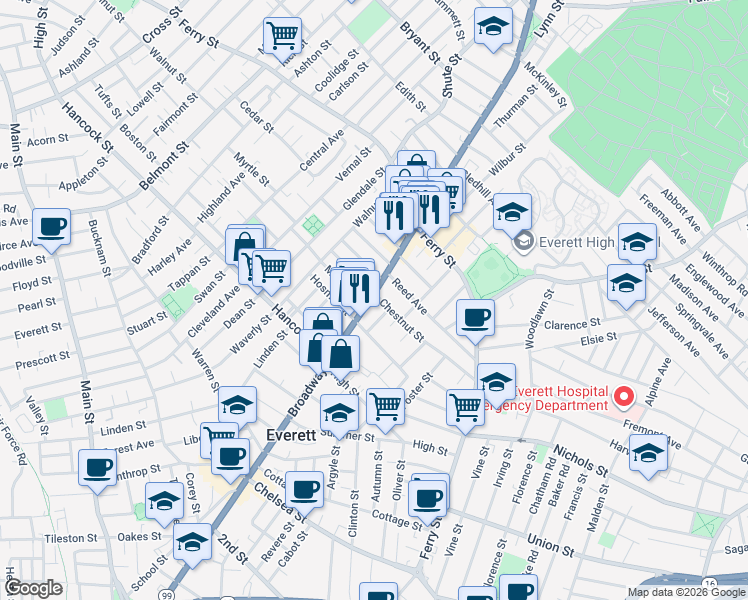 map of restaurants, bars, coffee shops, grocery stores, and more near 634 Broadway in Everett
