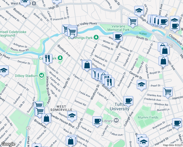 map of restaurants, bars, coffee shops, grocery stores, and more near 294A Boston Avenue in Medford