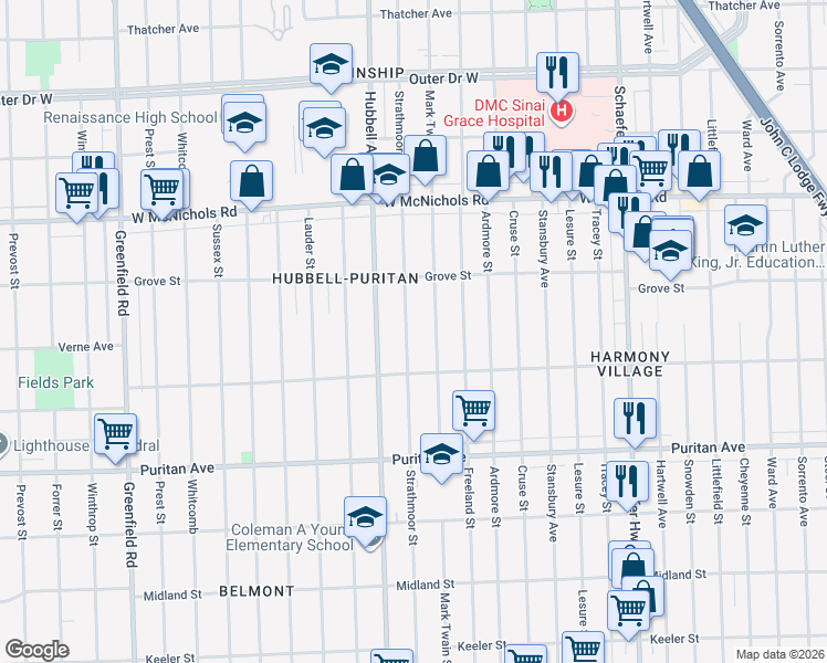 map of restaurants, bars, coffee shops, grocery stores, and more near 16580 Strathmoor Street in Detroit