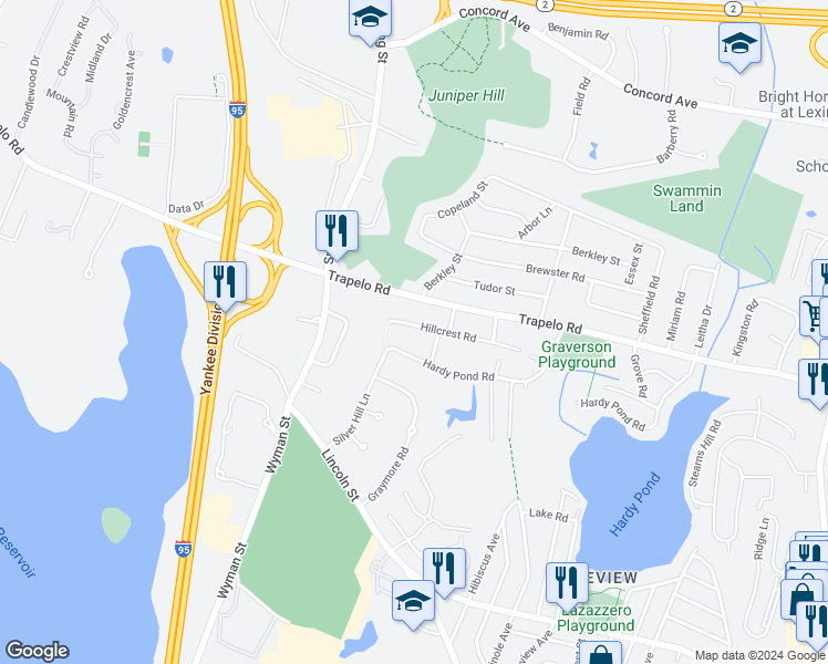 map of restaurants, bars, coffee shops, grocery stores, and more near 114 Hillcrest Road in Waltham