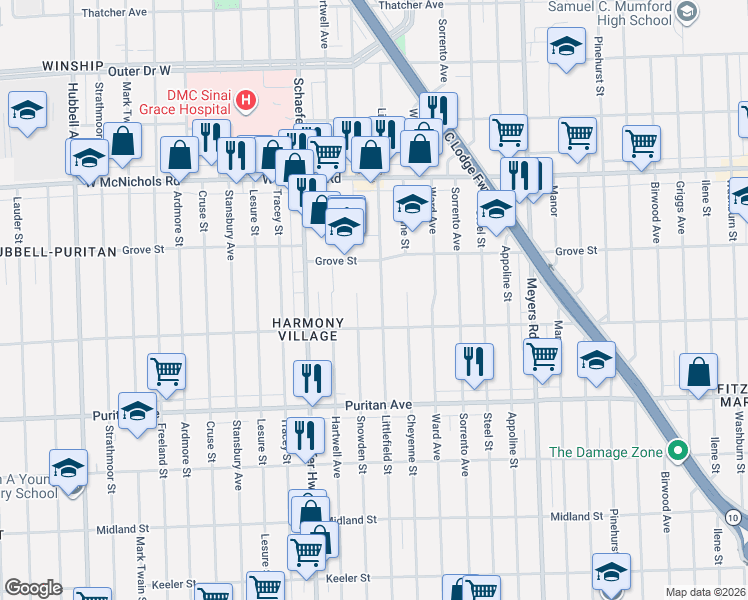 map of restaurants, bars, coffee shops, grocery stores, and more near 16539 Littlefield Street in Detroit