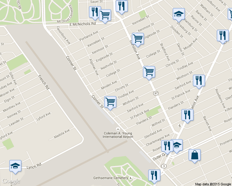map of restaurants, bars, coffee shops, grocery stores, and more near 11252 Christy Ave in Detroit