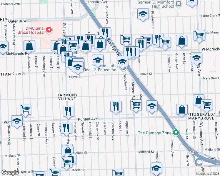 map of restaurants, bars, coffee shops, grocery stores, and more near 16545 Sorrento Avenue in Detroit