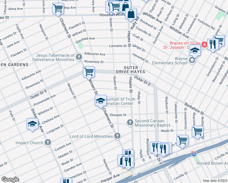map of restaurants, bars, coffee shops, grocery stores, and more near 14901 Chelsea Avenue in Detroit