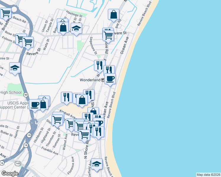 map of restaurants, bars, coffee shops, grocery stores, and more near 408 Ocean Avenue in Revere