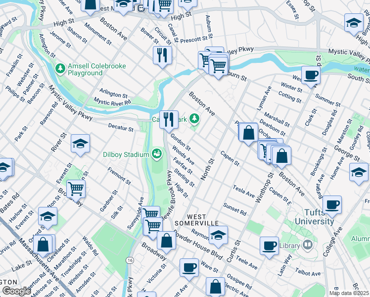 map of restaurants, bars, coffee shops, grocery stores, and more near 70 Woods Avenue in Somerville