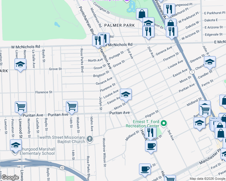 map of restaurants, bars, coffee shops, grocery stores, and more near 314 Louise Avenue in Highland Park
