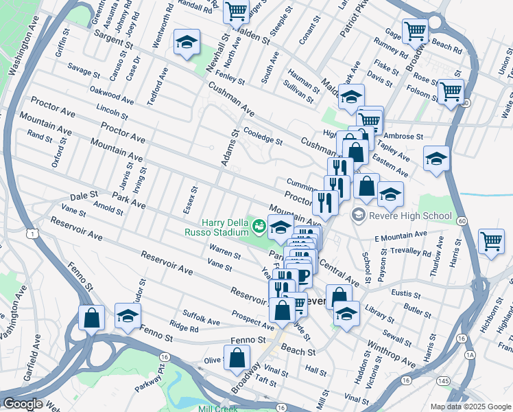 map of restaurants, bars, coffee shops, grocery stores, and more near 121 Fernwood Avenue in Revere