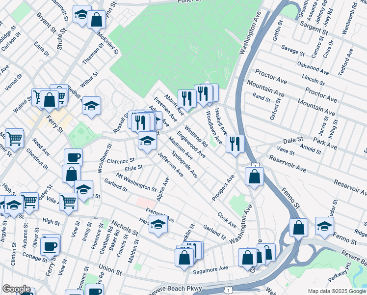 map of restaurants, bars, coffee shops, grocery stores, and more near 43 Madison Avenue in Everett
