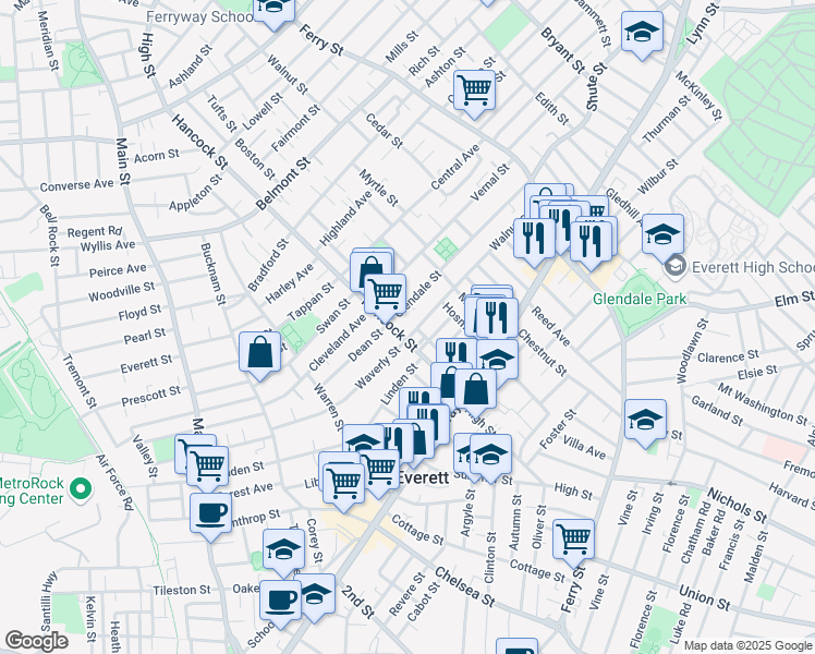 map of restaurants, bars, coffee shops, grocery stores, and more near 55 Kenilworth Street in Everett