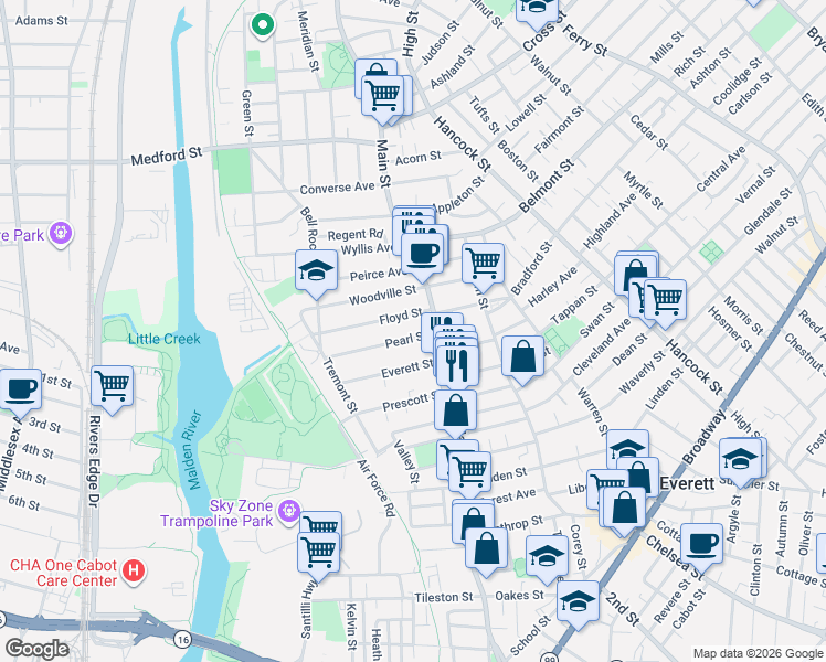 map of restaurants, bars, coffee shops, grocery stores, and more near 18 Pearl Street in Everett