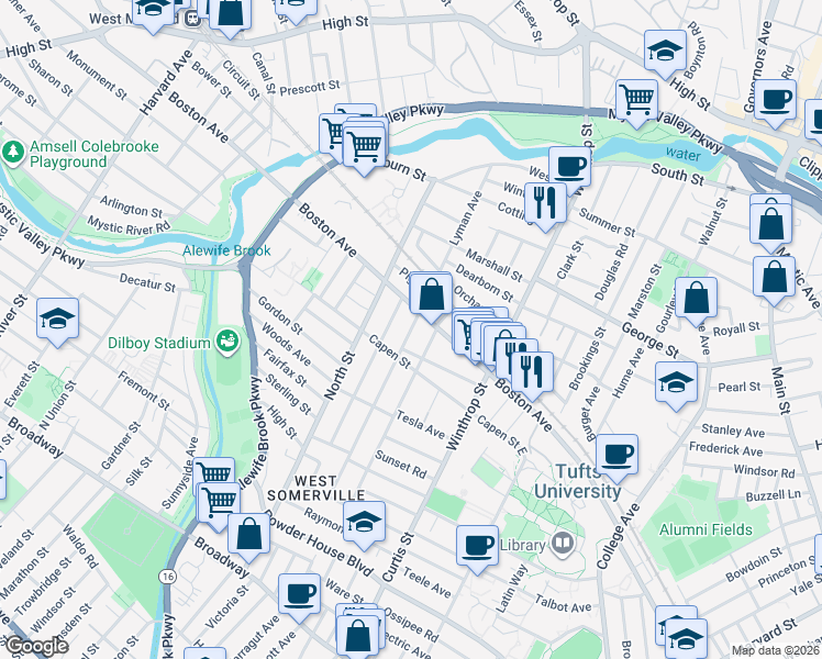 map of restaurants, bars, coffee shops, grocery stores, and more near in Medford