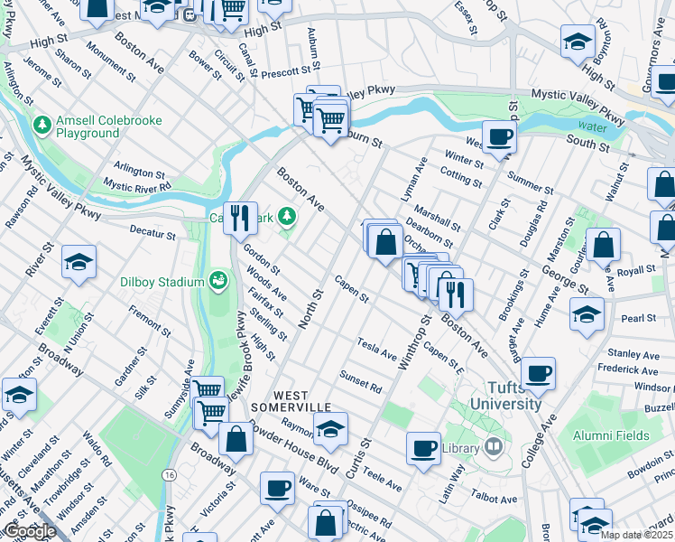 map of restaurants, bars, coffee shops, grocery stores, and more near 113 North Street in Medford