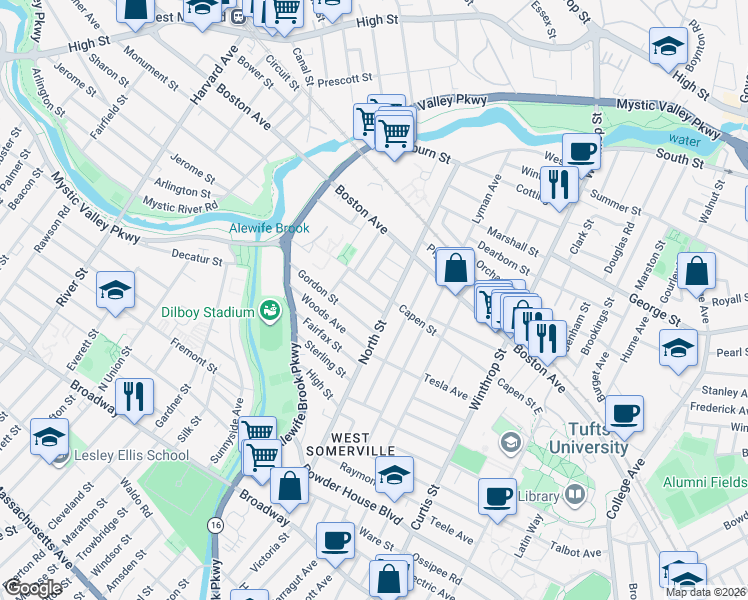 map of restaurants, bars, coffee shops, grocery stores, and more near 113 North Street in Medford