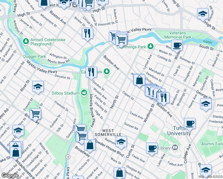 map of restaurants, bars, coffee shops, grocery stores, and more near 29 Gordon Street in Somerville