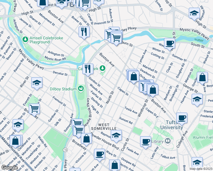 map of restaurants, bars, coffee shops, grocery stores, and more near 29 Gordon Street in Somerville