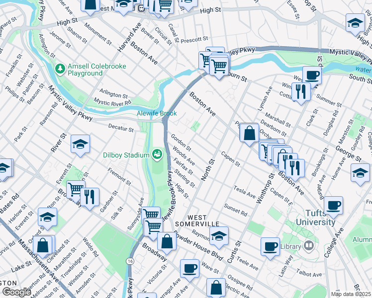 map of restaurants, bars, coffee shops, grocery stores, and more near 70 Woods Avenue in Somerville