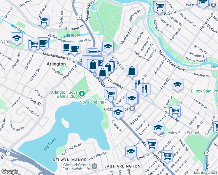 map of restaurants, bars, coffee shops, grocery stores, and more near 14 Palmer Street in Arlington