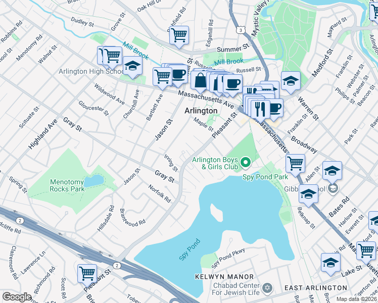 map of restaurants, bars, coffee shops, grocery stores, and more near 118 Massachusetts 60 in Arlington