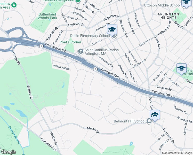 map of restaurants, bars, coffee shops, grocery stores, and more near 1 Ledgewood Place in Belmont