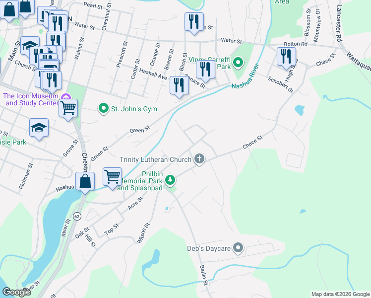 map of restaurants, bars, coffee shops, grocery stores, and more near 349 Oak Street in Clinton