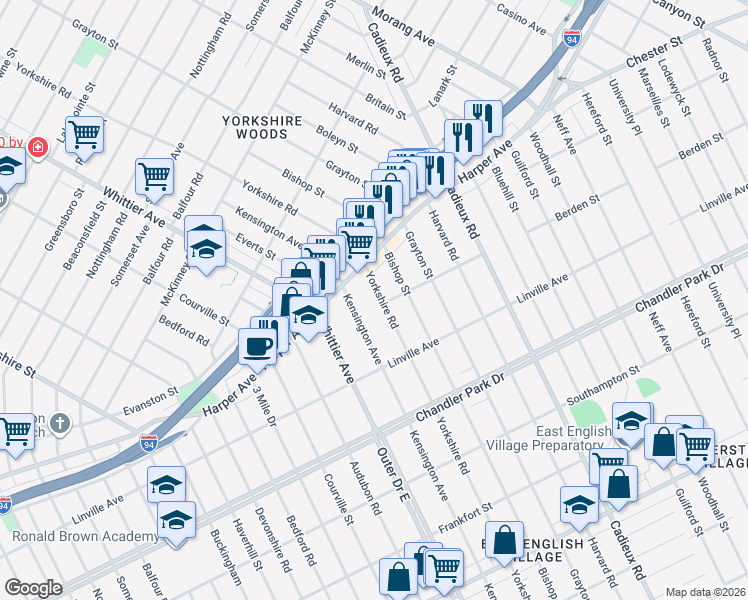 map of restaurants, bars, coffee shops, grocery stores, and more near 6015 Yorkshire Road in Detroit