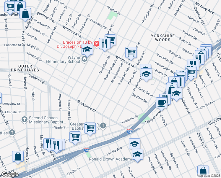 map of restaurants, bars, coffee shops, grocery stores, and more near 10025 Nottingham Road in Detroit