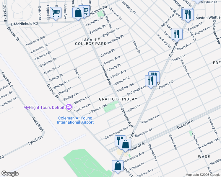 map of restaurants, bars, coffee shops, grocery stores, and more near 11707 Sanford Avenue in Detroit